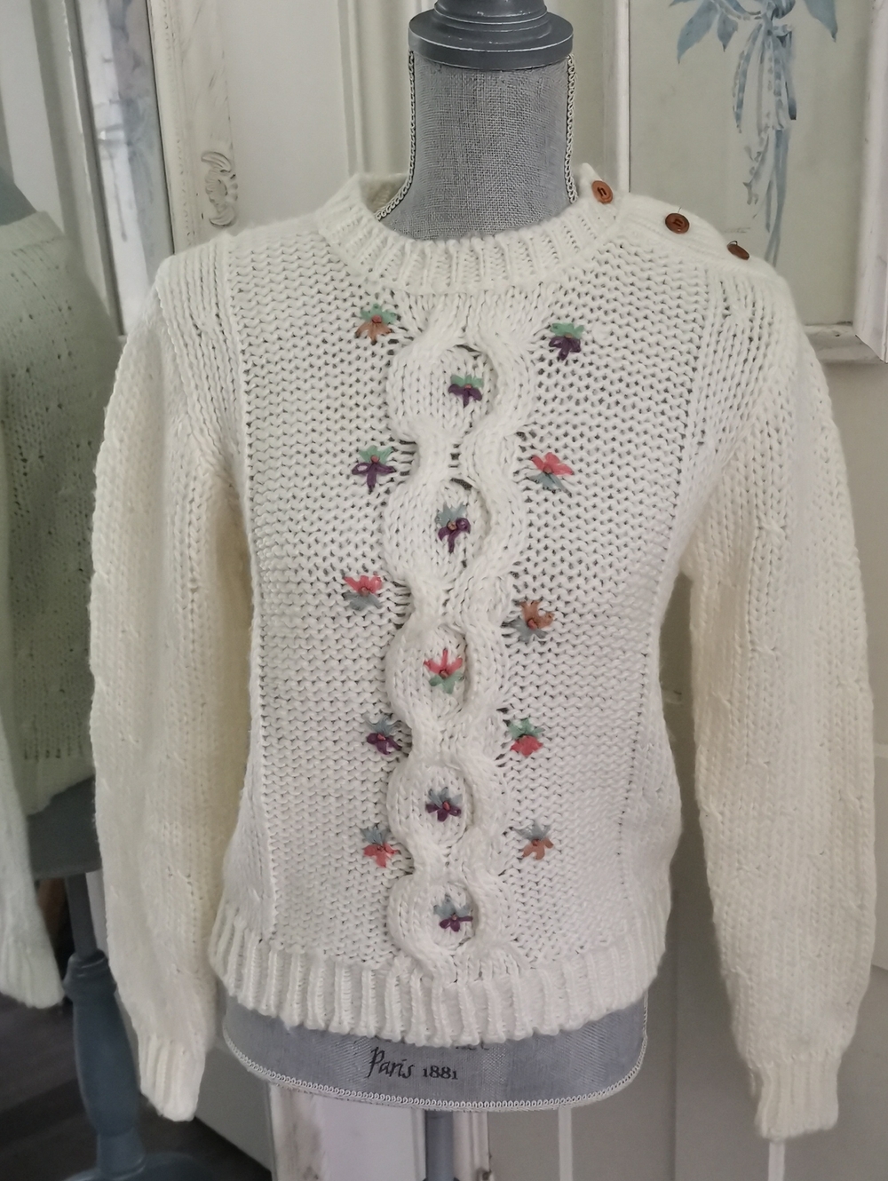 Vintage 80s Sears Cottagecore Cable Knit Sweate Multicolor Floral Embroidery. S